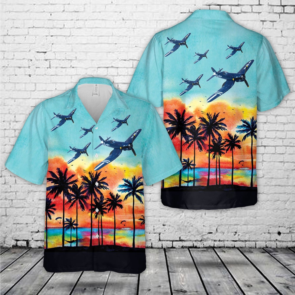 4Th Of July Hawaiian Shirts, Us Marine Corps Vmf-512 'Mad Cossack' Chance-Vought F4U Corsair Uss Gilbert Islands July 1945 Hawaiian Shirt