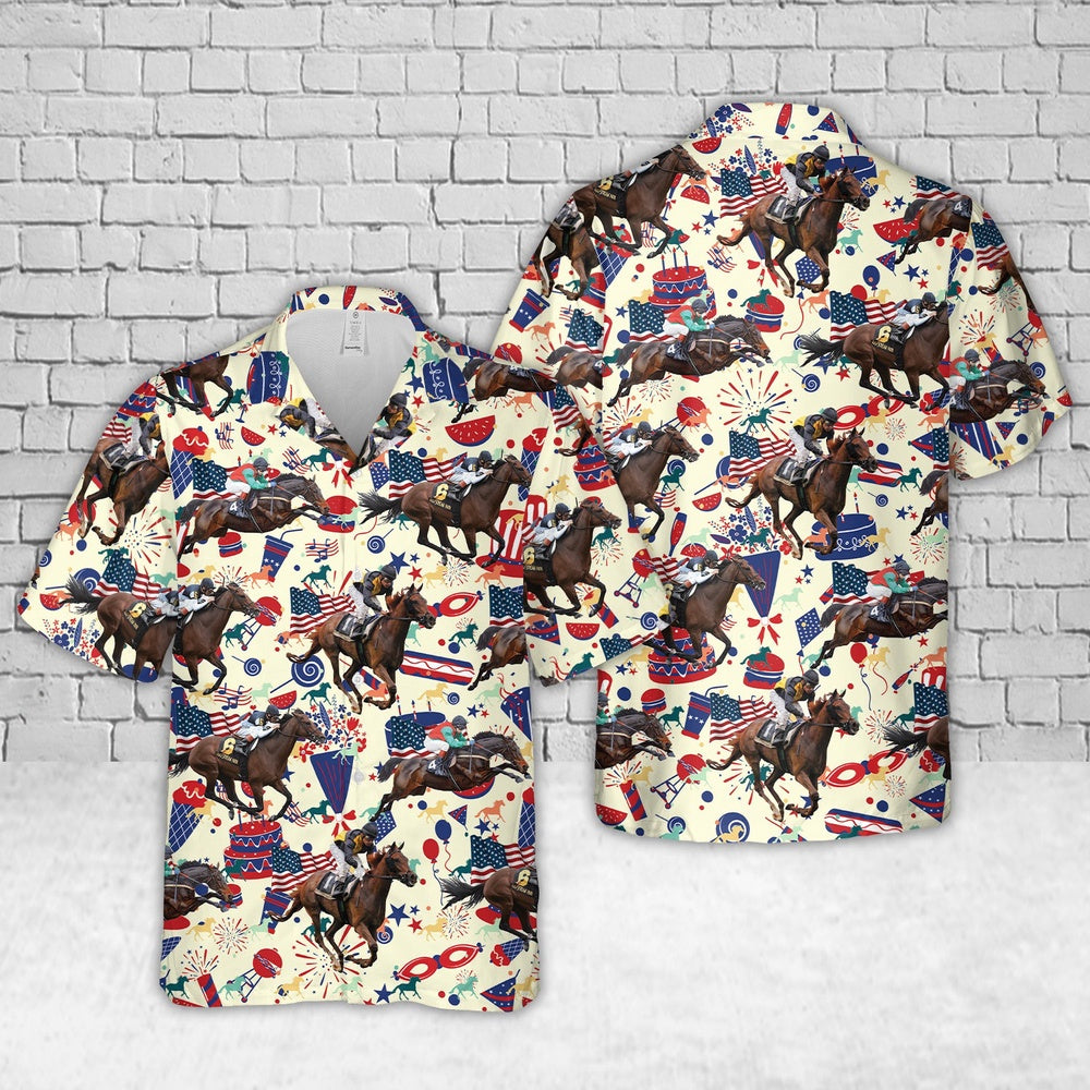 4Th Of July Hawaiian Shirts, Us Thoroughbred Horse Racing 4Th Of July Hawaiian Shirt, Military Aloha Shirts