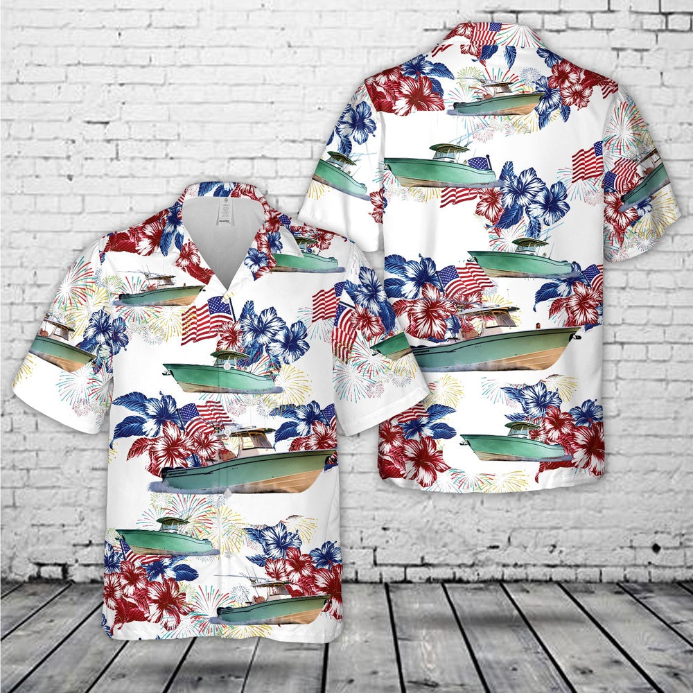 4Th Of July Hawaiian Shirts, Usa Grady-White Boats Canyon Center Console 4Th Of July Hawaiian Shirt, Military Aloha Shirts