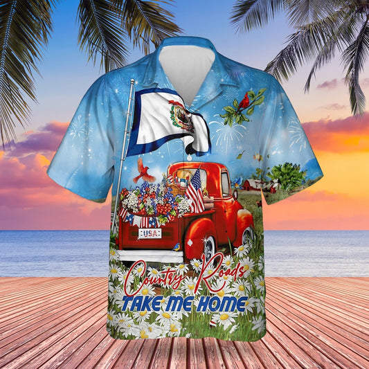 4Th Of July Hawaiian Shirts, West Virginia Red Truck 4Th Of July Hawaiian Shirts Country Roads Take Me Home