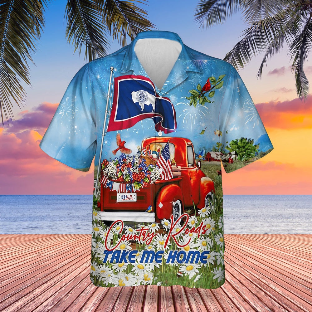 4Th Of July Hawaiian Shirts, Wyoming Red Truck 4Th Of July Hawaiian Shirts Country Roads Take Me Home Mens Gift Ideas