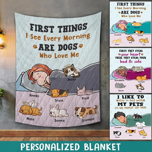 Custom Sherpa Fleece Blanket, Cute Gift For Her With Personalized Name Mom Pets (1-6 Pets), Mom With Lazy Pets Blanket