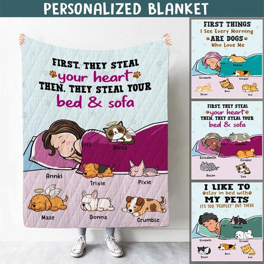 Personalized Girl With Lazy Pets - Choose up to 6 Dogs Cats Blanket