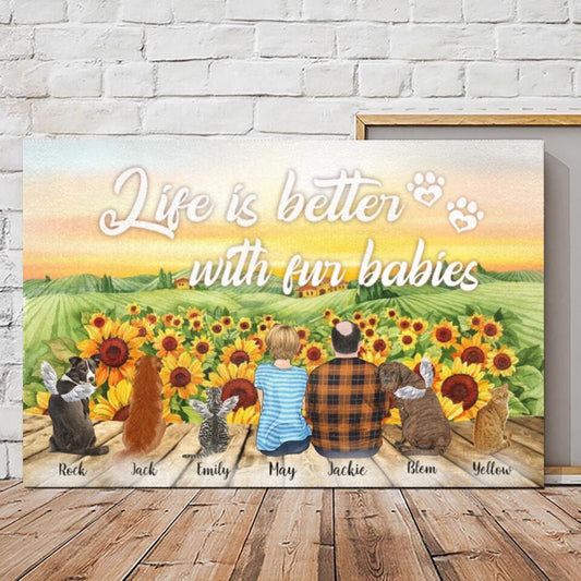 Custom Canvas/Poster Prints for Family/Pet Lovers - Unique Gift Personalized With Dogs/Cats breed & Names - Mom Dad with Pets - Life is better with fur babies - (Up to 5 Dogs/Cats/People)