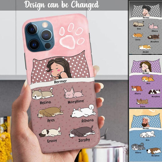 Personalized Creative Phone Case For Pet Lovers - Funny Gift With Custom Dogs/Cats breed & Names - Person with Lazy Pets - (Up To 6 Pets/Dogs/Cats)