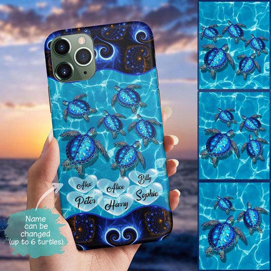 Custom Phone Case For Family & Friends - Unique Gift With Personalized Name - Up To 6 Blue Turtles With Hearts