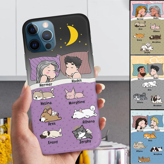 Custom Phone Case For Couples - Unique Gift With Personalized Pets - Dad & Mom Sleep With Lazy Pets