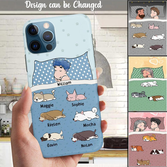 Custom Phone Case For Pet Lovers - Unique Gift With Personalized Pets - Person Sleeps With Lazy Pets