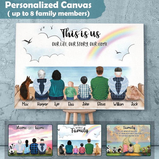 Custom Canvas Prints / Poster Printing for Family/Pet Lovers, Unique Gift With Personalized Dogs/Cats & Name - Family - Mom and children with Pets
