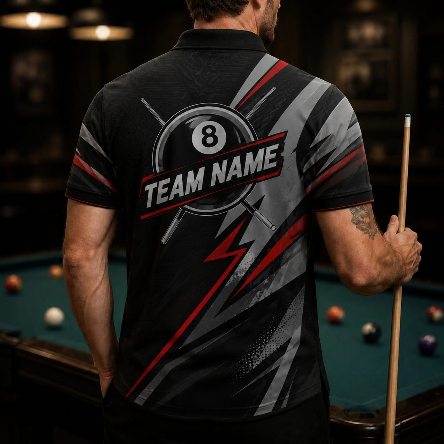 8 Ball 9 Ball Stars Sport Personalized Billiard Polo Shirt Back View