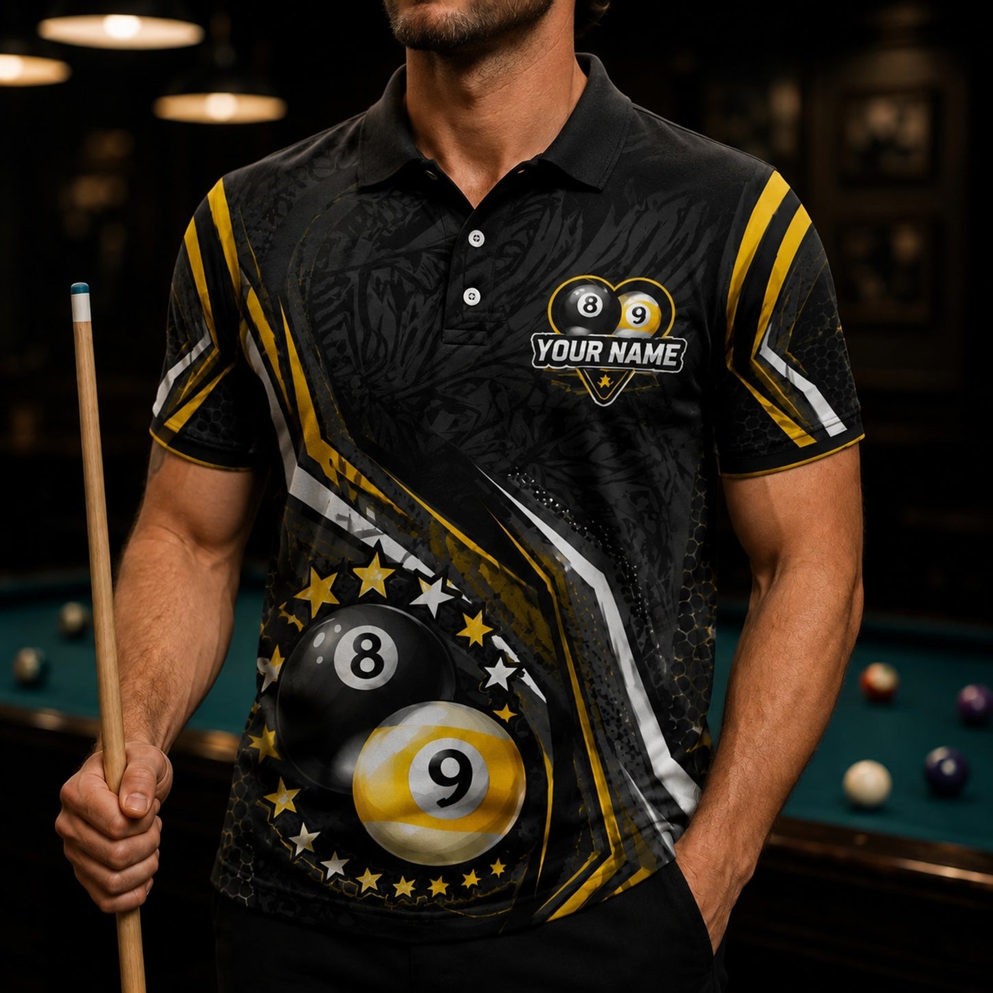 8 Ball 9 Ball Stars Sport Personalized Billiard Polo Shirt Front View