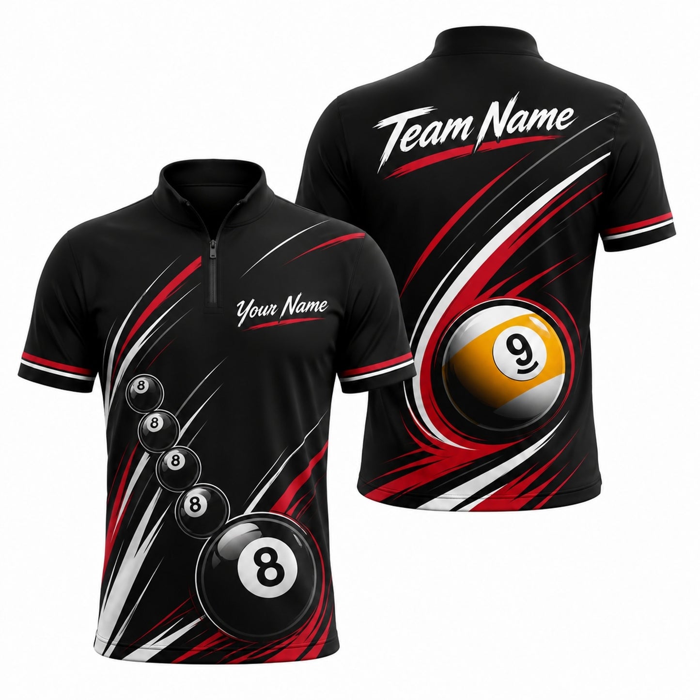8 Ball And 9 Ball Sport Personalized Billiard Polo Shirt Jersey Zip 1 4 Collar