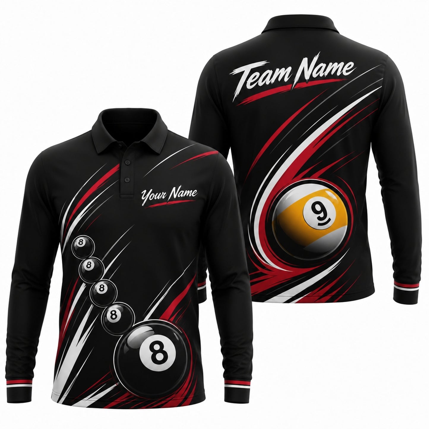 8 Ball And 9 Ball Sport Personalized Billiard Polo Shirt Long Sleeve Polo