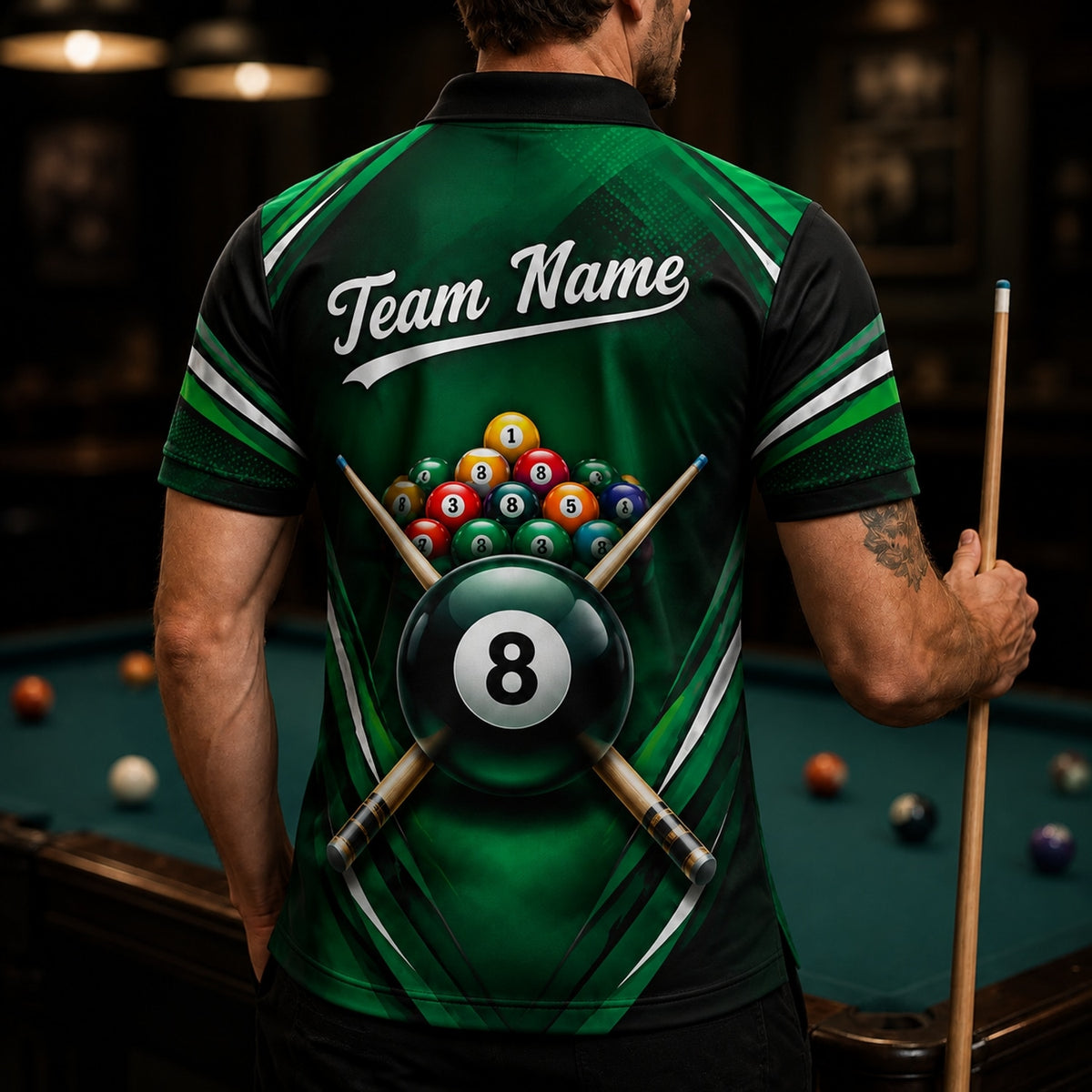 8 Ball Crossed Cues Sport Custom Billiard Polo Shirt Back View