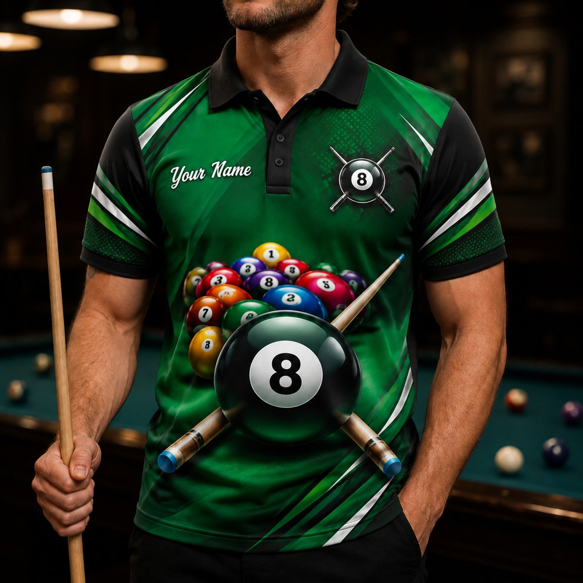 8 Ball Crossed Cues Sport Custom Billiard Polo Shirt Front View