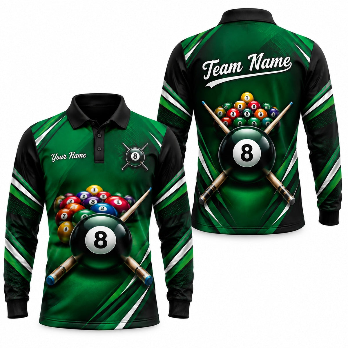8 Ball Crossed Cues Sport Custom Billiard Polo Shirt Long Sleeve Polo