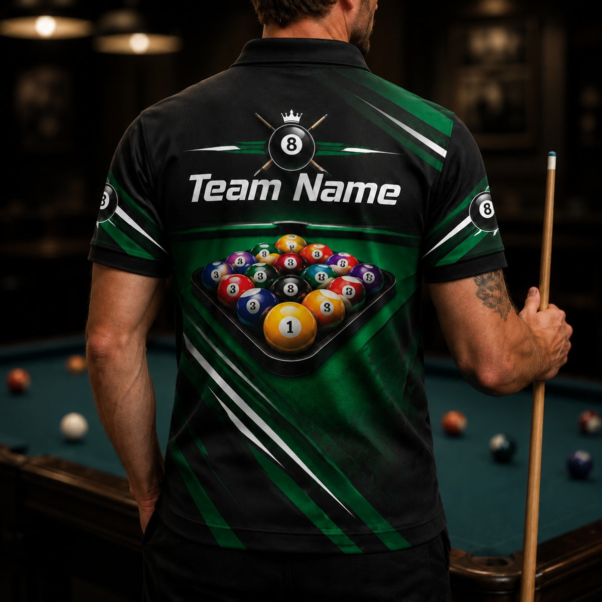 8 Ball Cue Cross Sport Personalized Billiard Polo Shirt Back View