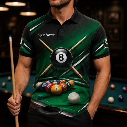 8 Ball Cue Cross Sport Personalized Billiard Polo Shirt Front View