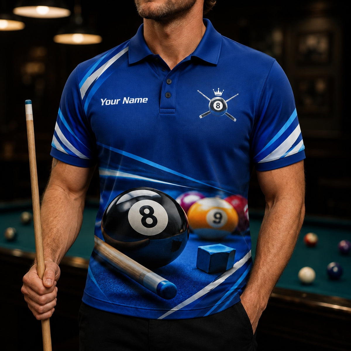 8 Ball Cue Graphic Custom Billiard Polo Shirt Front View