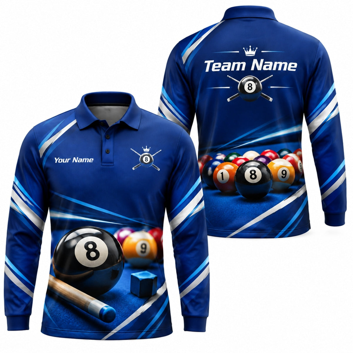 8 Ball Cue Graphic Custom Billiard Polo Shirt Long Sleeve Polo