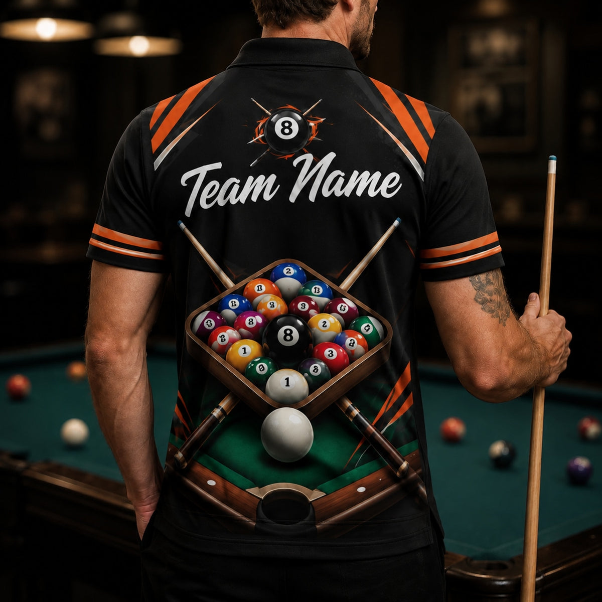 8 Ball Flames Sport Personalized Billiard Polo Shirt Back View