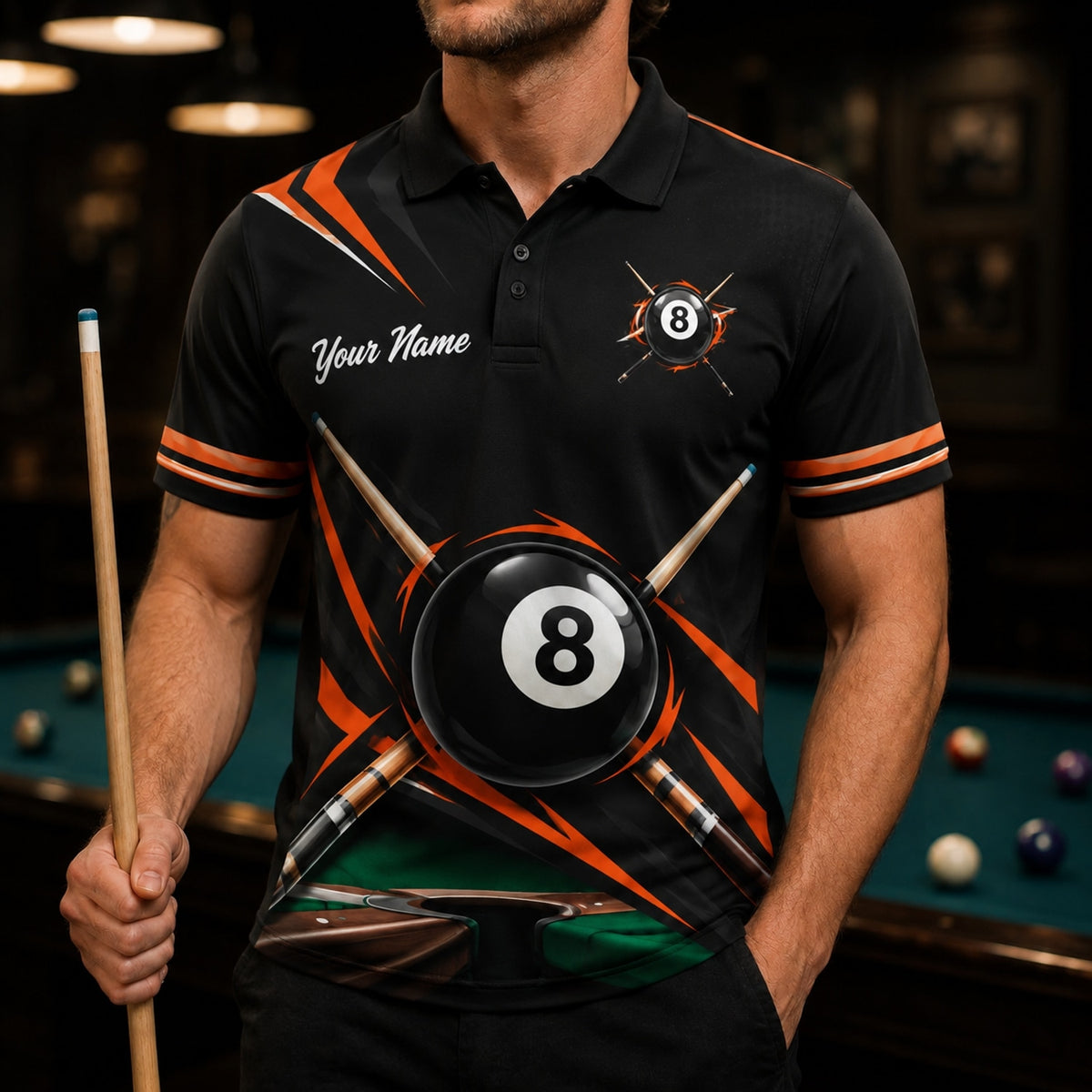 8 Ball Flames Sport Personalized Billiard Polo Shirt Front View