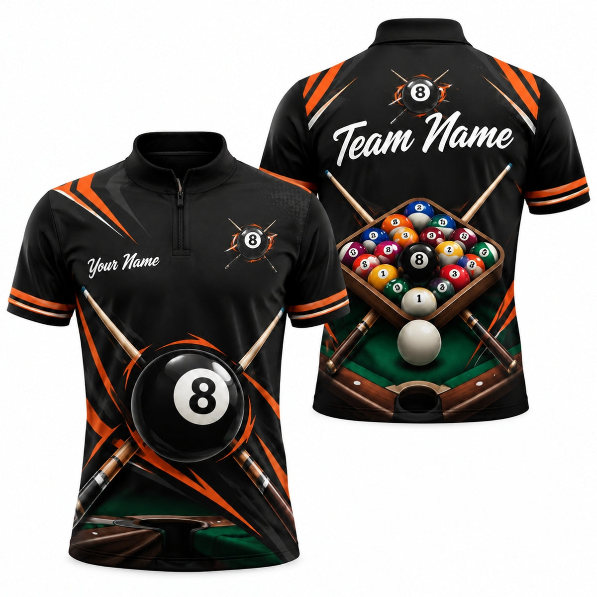 8 Ball Flames Sport Personalized Billiard Polo Shirt Jersey Zip 1 4 Collar