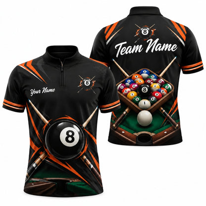 8 Ball Flames Sport Personalized Billiard Polo Shirt Jersey Zip 1 4 Collar
