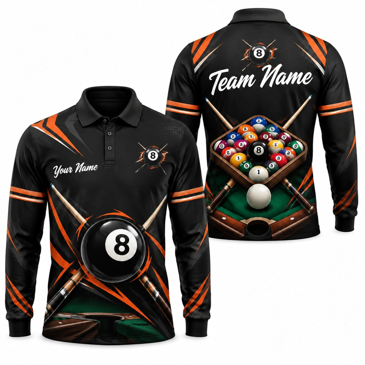 8 Ball Flames Sport Personalized Billiard Polo Shirt Long Sleeve Polo