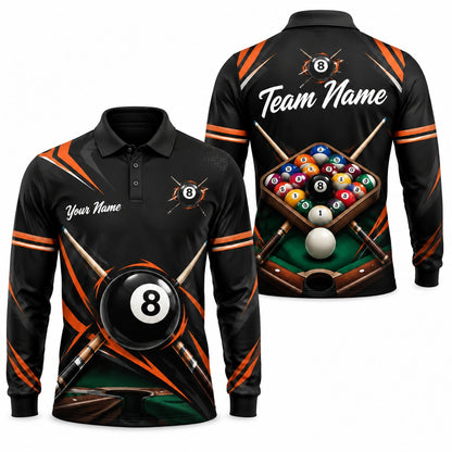 8 Ball Flames Sport Personalized Billiard Polo Shirt Long Sleeve Polo