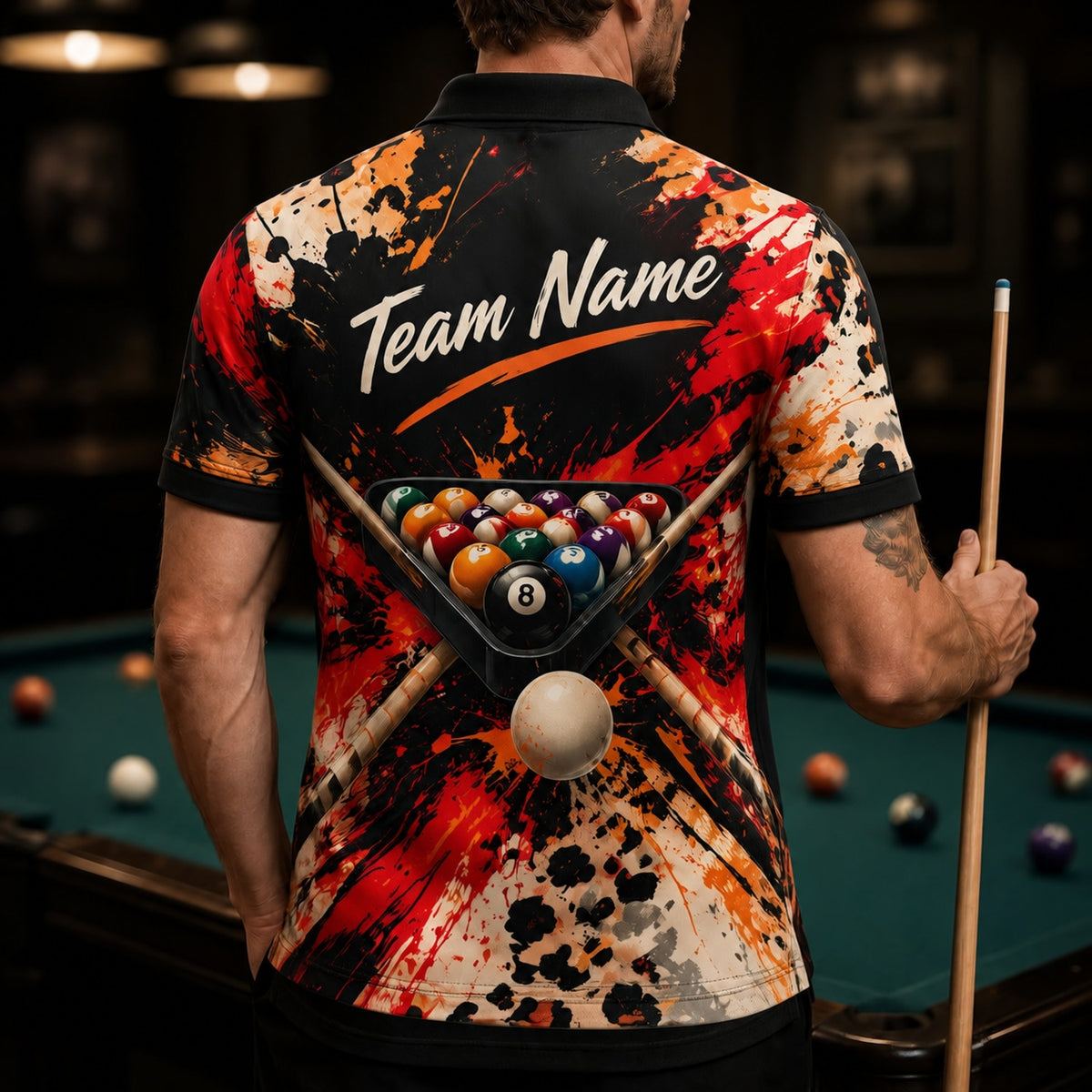 8-Ball Paint Splatter Graphic Personalized Billiard Polo Shirt Back View