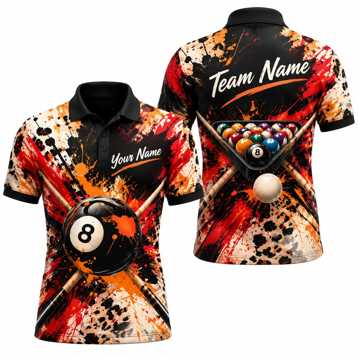 8-Ball Paint Splatter Graphic Personalized Billiard Polo Shirt