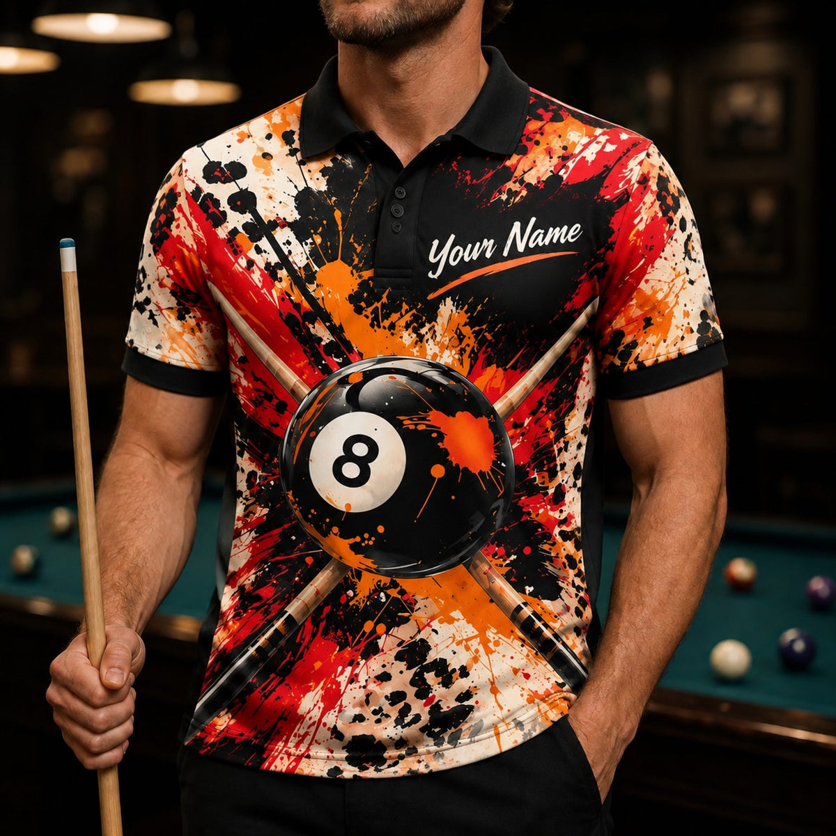 8-Ball Paint Splatter Graphic Personalized Billiard Polo Shirt Front View