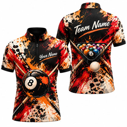 8-Ball Paint Splatter Graphic Personalized Billiard Polo Shirt Jersey Zip 1 4 Collar