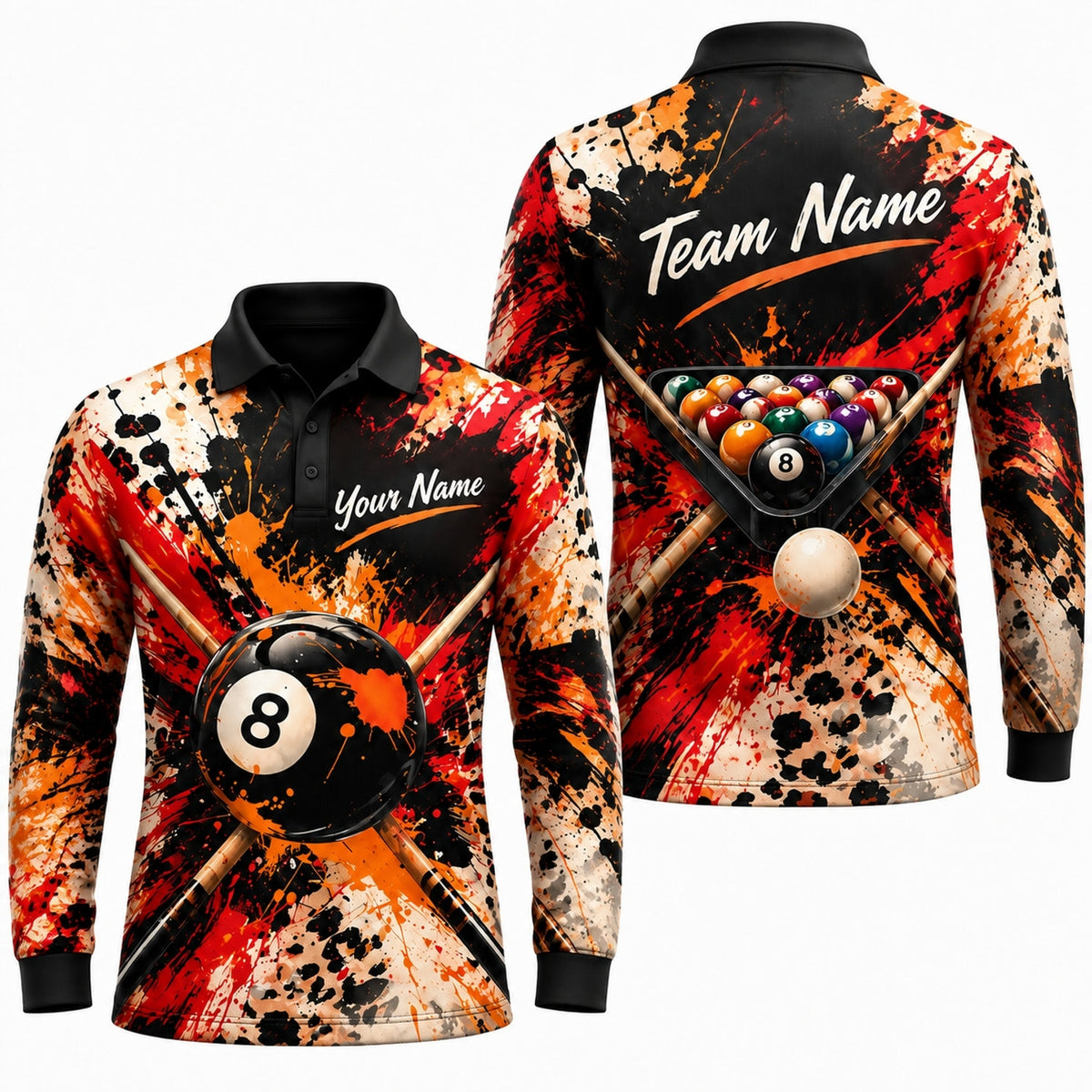 8-Ball Paint Splatter Graphic Personalized Billiard Polo Shirt Long Sleeve Polo