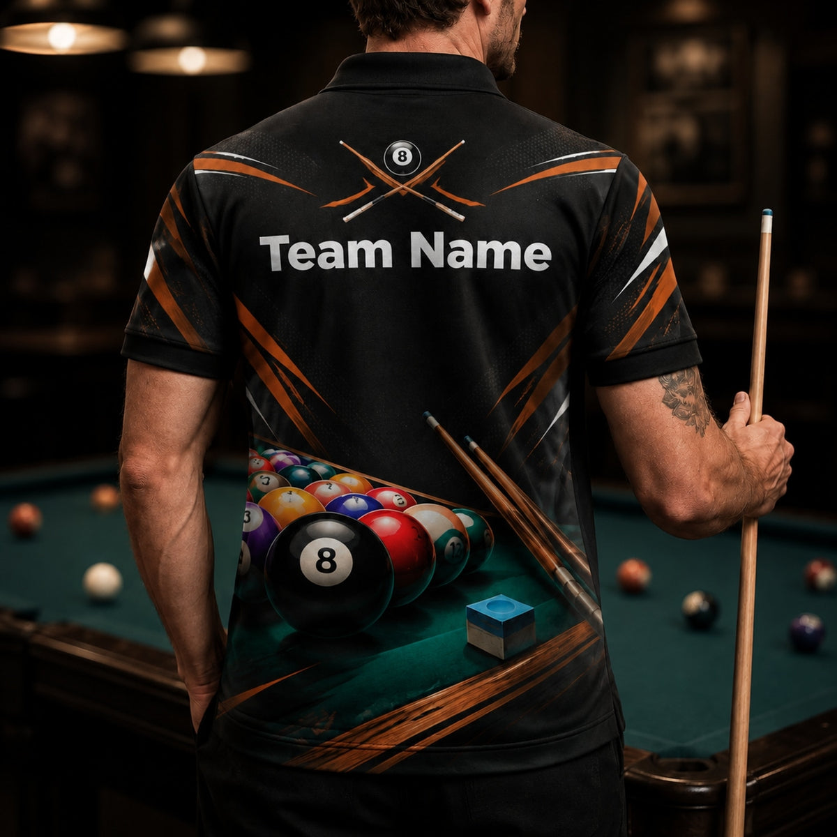 8 Ball Rack And Cues Sport Personalized Billiard Polo Shirt Back View