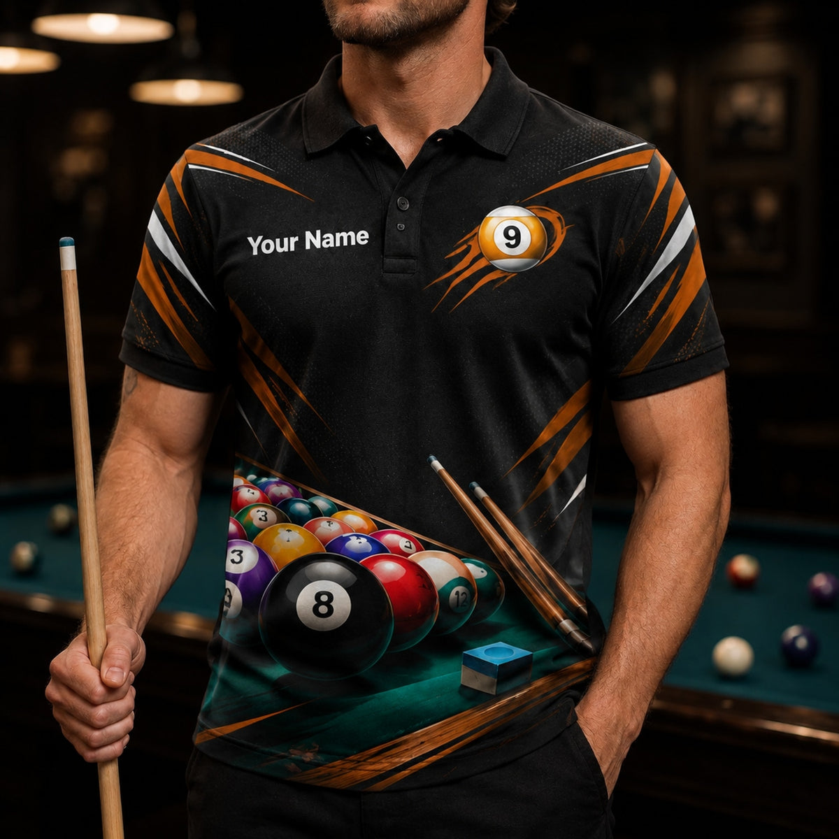 8 Ball Rack And Cues Sport Personalized Billiard Polo Shirt Front View