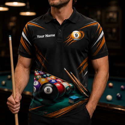 8 Ball Rack And Cues Sport Personalized Billiard Polo Shirt Front View