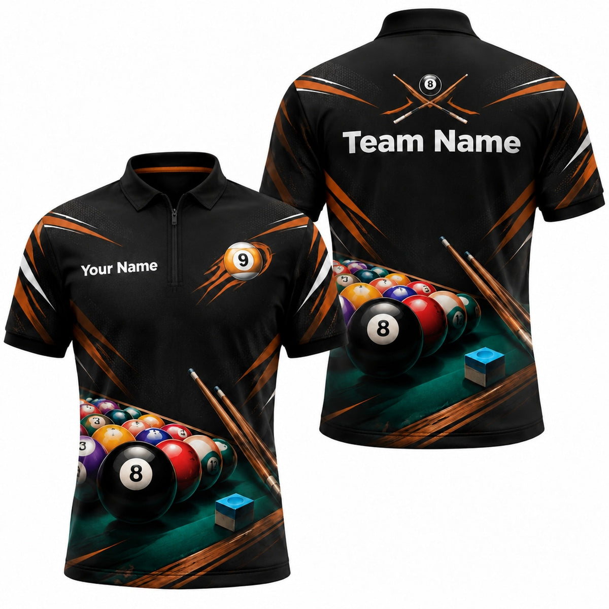 8 Ball Rack And Cues Sport Personalized Billiard Polo Shirt Jersey Zip 1 4 Collar