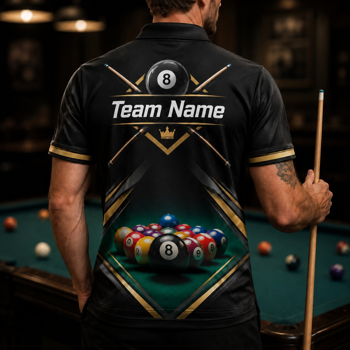 8 Ball Rack Cue Sport Personalized Billiard Polo Shirt Back View