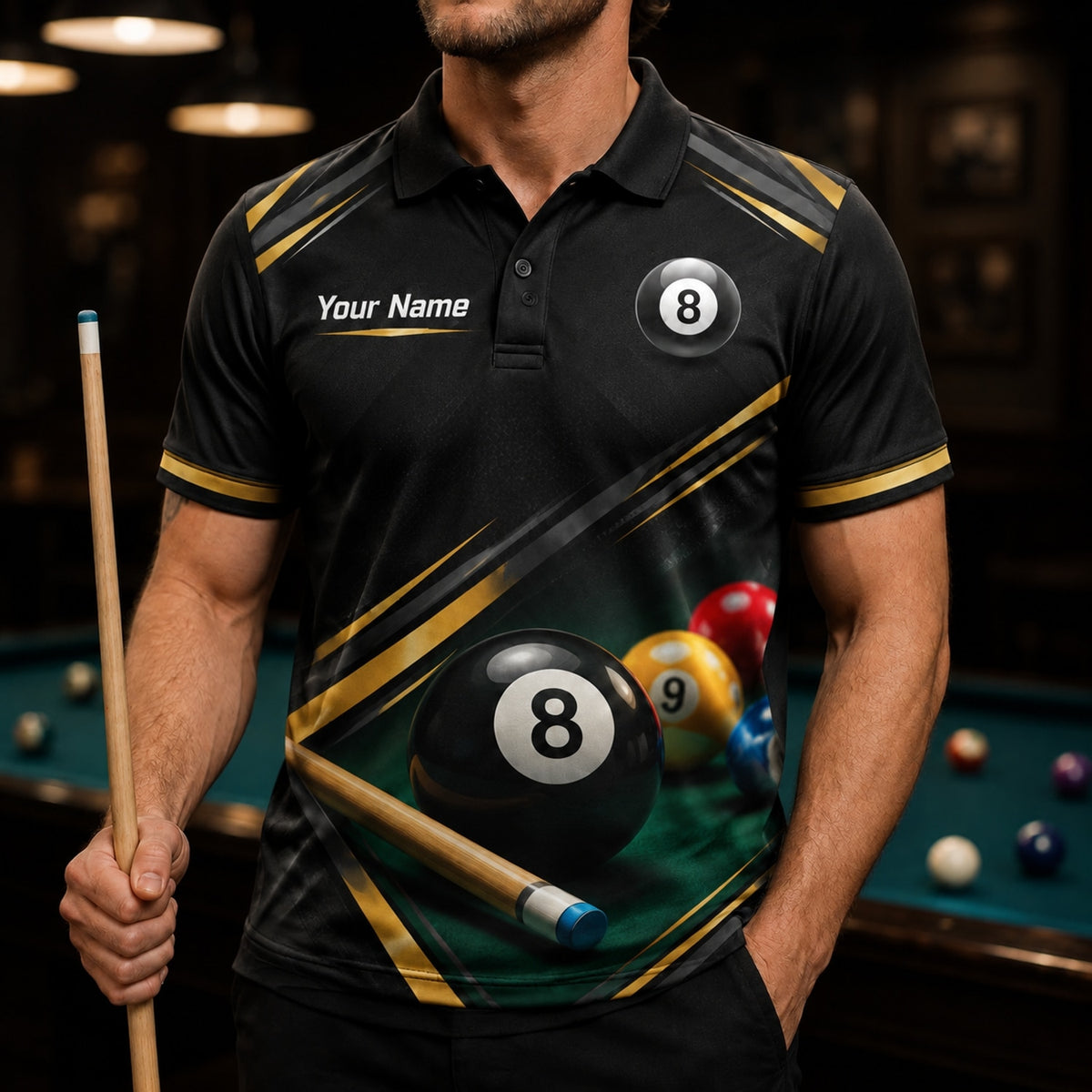 8 Ball Rack Cue Sport Personalized Billiard Polo Shirt Front View