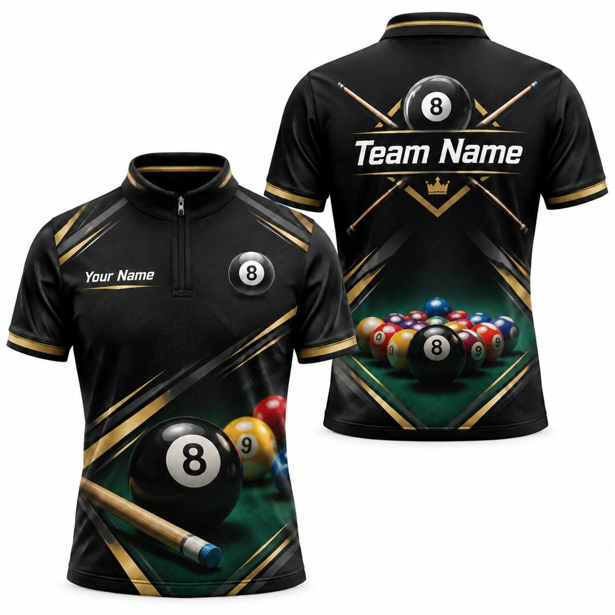 8 Ball Rack Cue Sport Personalized Billiard Polo Shirt Jersey Zip 1 4 Collar