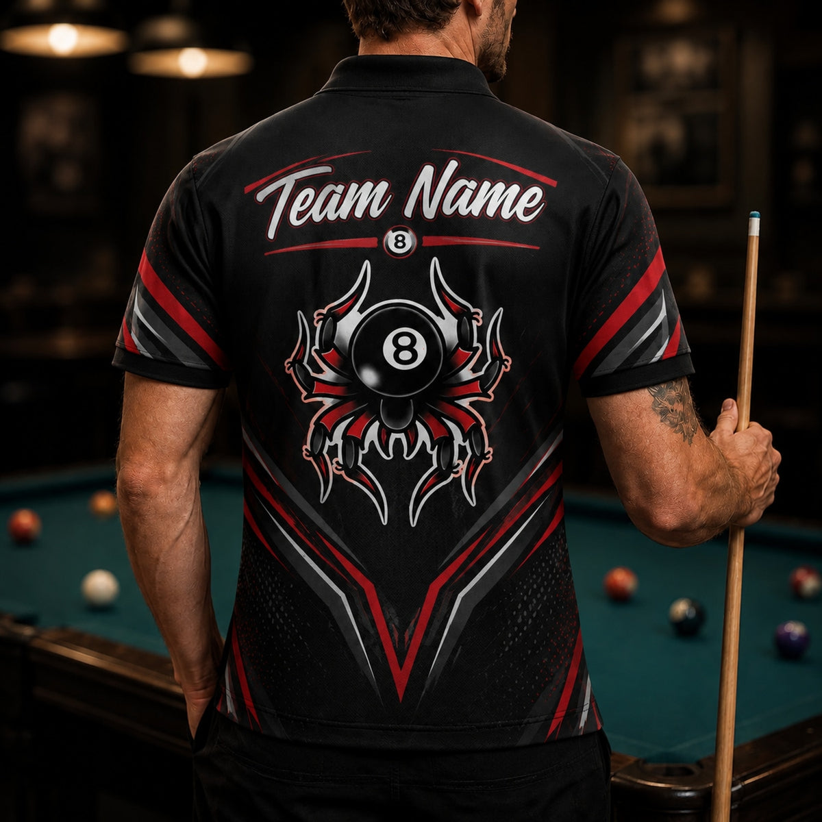 8 Ball Spider Emblem Sport Personalized Billiard Polo Shirt Back View