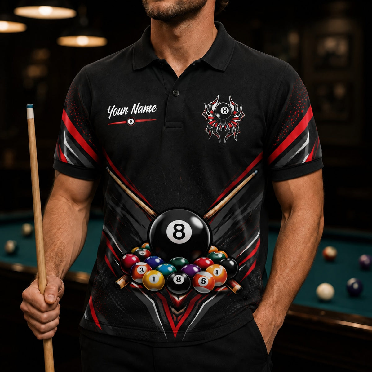 8 Ball Spider Emblem Sport Personalized Billiard Polo Shirt Front View