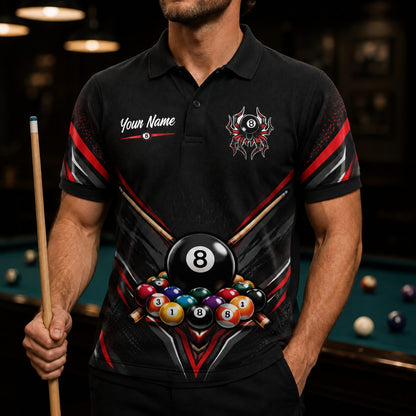 8 Ball Spider Emblem Sport Personalized Billiard Polo Shirt Front View