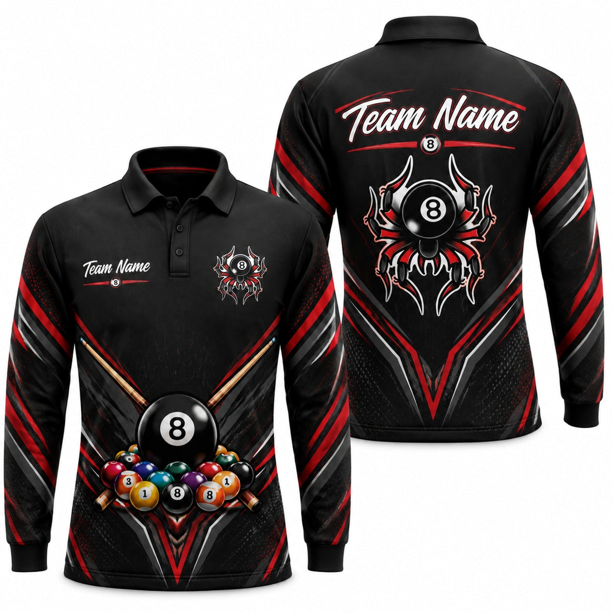 8 Ball Spider Emblem Sport Personalized Billiard Polo Shirt Long Sleeve Polo