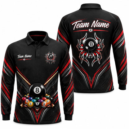 8 Ball Spider Emblem Sport Personalized Billiard Polo Shirt Long Sleeve Polo