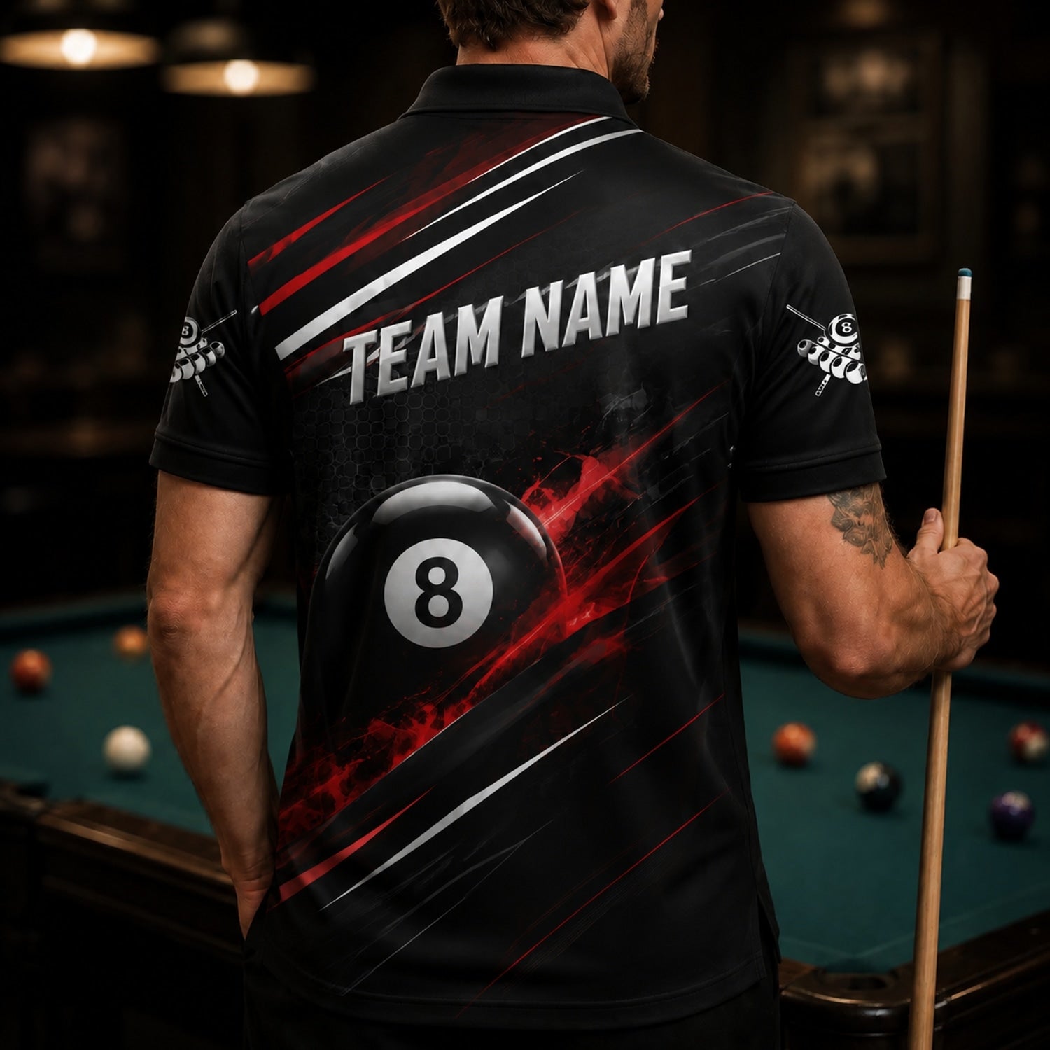 8 Ball Team Name Personalized Billiard Polo Shirt Back View