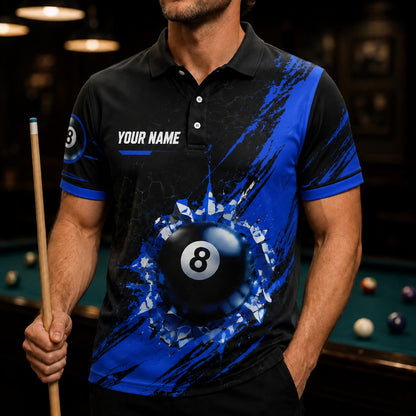 8 Ball Team Name Personalized Billiard Polo Shirt Front View