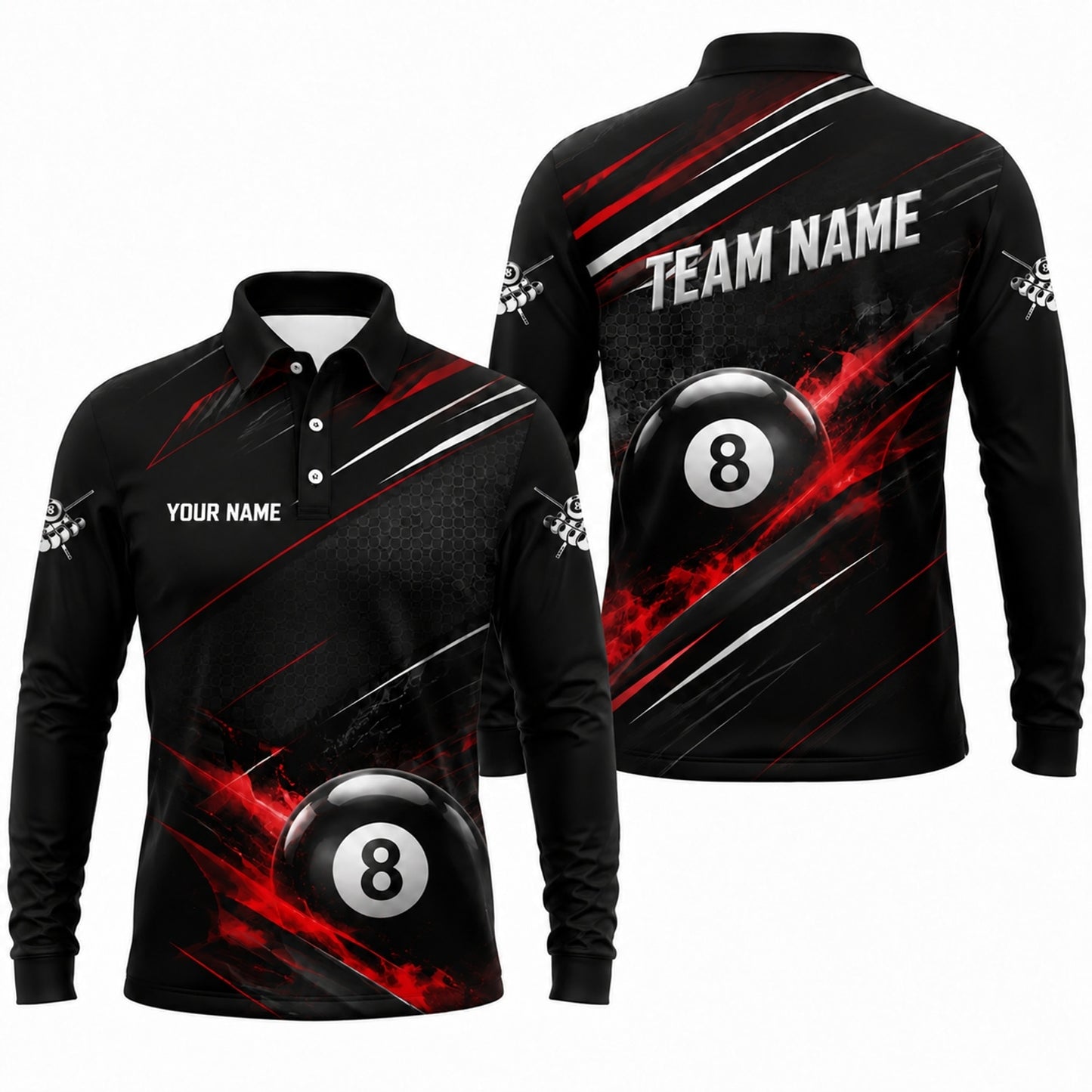 8 Ball Team Name Personalized Billiard Polo Shirt Long Sleeve Polo